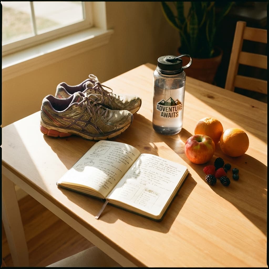 Healthy lifestyle flatlay with running shoes and fruit